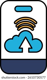 A phone with a cloud and arrow pointing to it. The cloud is blue and the arrow is pointing upwards