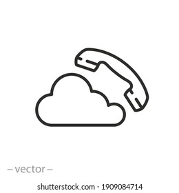 phone with cloud icon, voip telephony concept, pbx or ip technology, network server, call center, thin line symbol on white background - editable stroke vector illustration