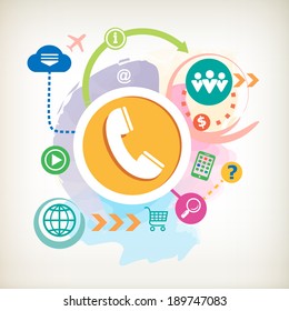 Phone and cloud on abstract colorful watercolor background with different icon and elements. 