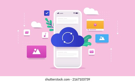 Phone cloud storage - Smartphone with loading and cloud symbol synchronising media and files. Vector illustration