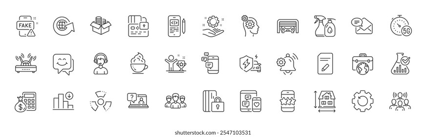 Iconos de la línea de engranajes de código telefónico, peligro químico y recuperación. Paquete de gráfico decreciente, calculadora de finanzas, icono de grupo. Noticias falsas, taza ganadora, pictograma de cara de sonrisa. Comunicación. Iconos de línea. Vector