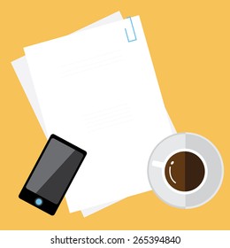 phone , coffee cup ichisty paper , top view . Morning business breakfast . background vector 2