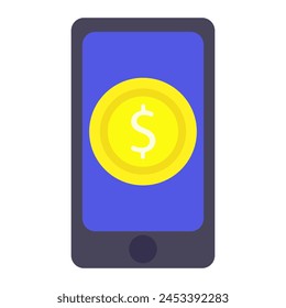 Phone, coin, dollar, cryptocurrency, flat design, simple image, cartoon style. The concept of making money on the Internet. Vector line icon for business and advertising