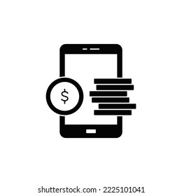Teléfono con icono de moneda en glifo plano negro, estilo relleno aislado en fondo blanco