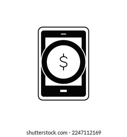 Phone with coin icon in black flat glyph, filled style isolated on white background