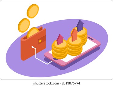 Phone and coin mockup. Account funding with wallet. Income growth. Vector isometric 3d illustration. Popular flat colors.