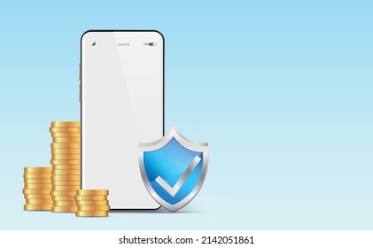 Phone, coin and shield with security check on a blue gradient background. Mobile banking and online payments. Technology protection concept. Smartphone saves money. copy space