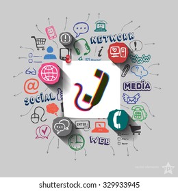 Phone and collage with web icons background. Vector illustration
