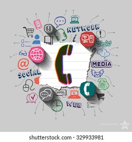 Phone and collage with web icons background. Vector illustration