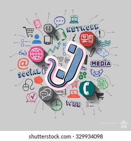 Phone and collage with web icons background. Vector illustration