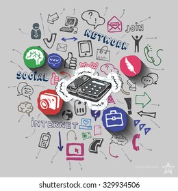 Phone and collage with web icons background. Vector illustration