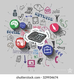 Phone and collage with web icons background. Vector illustration