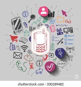 Phone and collage with web icons background. Vector illustration