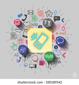 Phone and collage with web icons background. Vector illustration