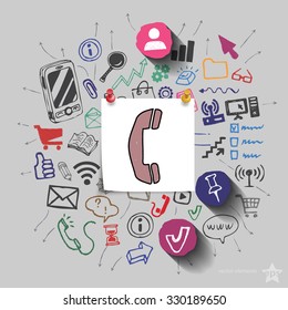 Phone and collage with web icons background. Vector illustration