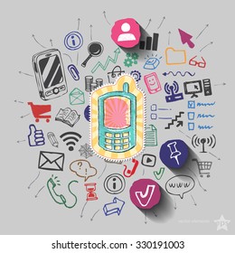 Phone and collage with web icons background. Vector illustration