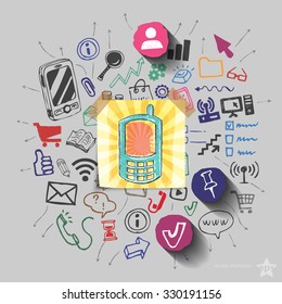 Phone and collage with web icons background. Vector illustration