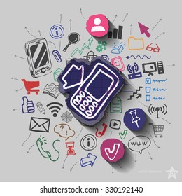 Phone and collage with web icons background. Vector illustration