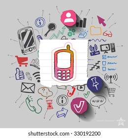 Phone and collage with web icons background. Vector illustration