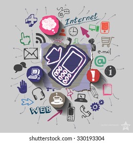 Phone and collage with web icons background. Vector illustration