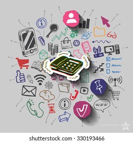 Phone and collage with web icons background. Vector illustration