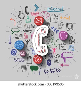 Phone and collage with web icons background. Vector illustration