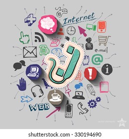 Phone and collage with web icons background. Vector illustration