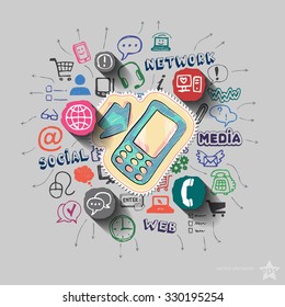 Phone and collage with web icons background. Vector illustration