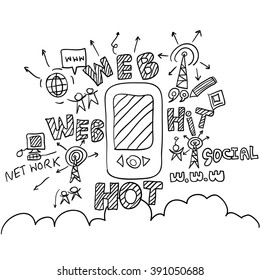 Phone and collage with web icons background. Vector illustration