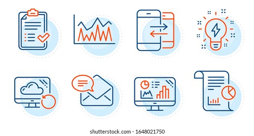 Phone communication, Analytics graph and Report signs. Approved checklist, Inspiration and New mail line icons set. Recovery cloud, Investment symbols. Accepted message, Creativity. Vector