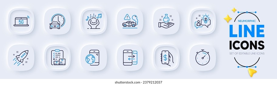 Comunicación telefónica, Reserva un coche e iconos de línea de 5 g para la aplicación web. Lista de comprobación de paquete de inventario, cohete de inicio, iconos de pictograma de Internet móvil. Laboratorio de Química, Exhaust, Señales de Timer. Vector