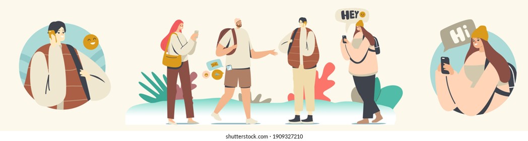 Phone Communication Concept. Young Men and Women with Mobile Cellphones or Smartphones, Teens Characters Chatting, Texting, Reading Newsfeed in Social Media. Cartoon People Vector Illustration - Shutterstock ID 1909327210