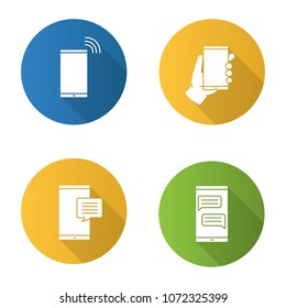 Phone communication flat design long shadow glyph icons set. Chatting, sms, smartphone in hand, calling phone. Vector silhouette illustration