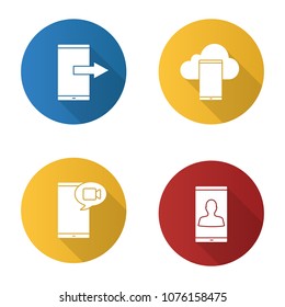 Phone communication flat design long shadow glyph icons set. Data transfer, smartphone cloud storage, video message, smartphone user. Vector silhouette illustration