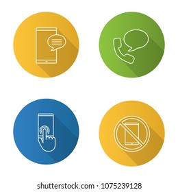 Phone communication flat linear long shadow icons set. Chatting, voice message, touchscreen, smartphone prohibition. Vector outline illustration