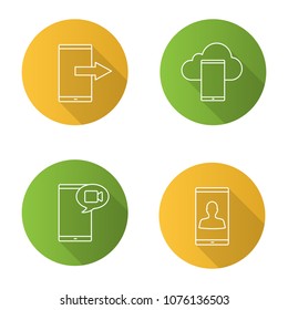 Phone communication flat linear long shadow icons set. Data transfer, smartphone cloud storage, video message, smartphone user. Vector outline illustration