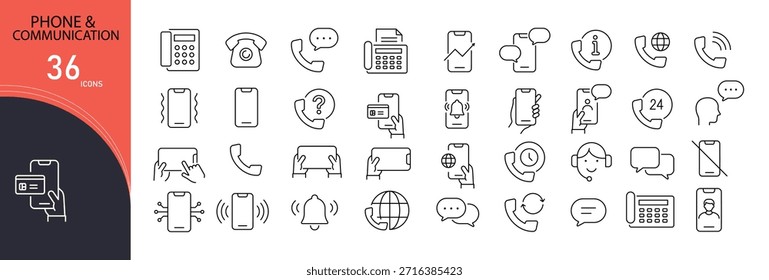 Phone and communication icons set. Includes icons for calling, messaging, chat, mobile devices, signals, and contacts. Ideal for apps, websites, customer support, and telecom visuals. Editable stroke.