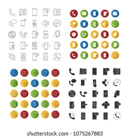 Phone communication icons set. Smartphone calls, messages, hotline, mobile cloud computing. Linear, flat design, color and glyph styles. isolated vector illustrations