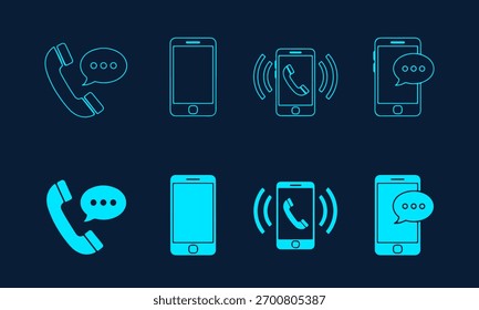 Conjunto de Vectores de iconos de teléfono y comunicación, símbolos para llamadas, dispositivo móvil, conversación y mensajería, línea y estilo sólido
