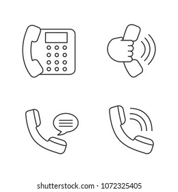 Conjuntos de iconos lineales de comunicación telefónica. Teléfono fijo, teléfono en la mano, llamada entrante, mensaje de voz. Símbolos de contorno delgado. Ilustraciones de esquema vectorial aisladas