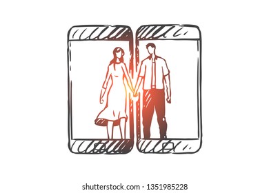 Phone, communication, mobile, love, couple concept. Hand drawn couple in love communicate through the Internet concept sketch. Isolated vector illustration.