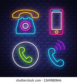 Phone communication neon signs collection. Phone communication signs. Neon signs. Vector