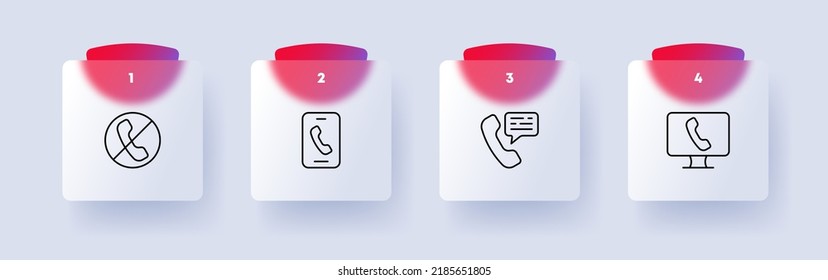 Phone communication set icon. Landline, call, decline, crossed out, speech bubble, computer display, message, talk. Business concept. Glassmorphism. Vector line icon for Business and Advertising.