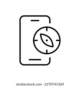 Phone with compass line icon. Earth's magnetic field, cardinal points, wind rose, swimming, travel, orienteering. Navigation concept. Vector line icon on white background