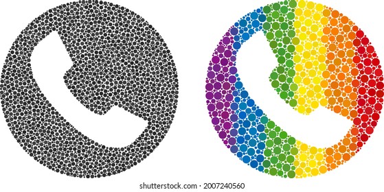 Phone composition icon of spheric blots in different sizes and rainbow colored shades. A dotted LGBT-colored phone for lesbians, gays, bisexuals, and transgenders. Vector icon in LGBT flag colors.