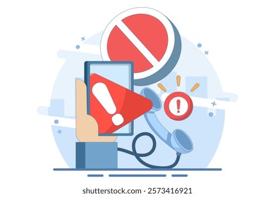 Phone concept with exclamation mark. warning notification. suspicious call, danger and fraud. danger of fraud by phone. symbol or icon. flat illustration with minimalist style design.
