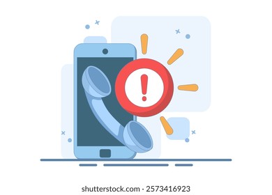 Phone concept with exclamation mark. warning notification. suspicious call, danger and fraud. danger of fraud by phone. symbol or icon. flat illustration with minimalist style design.