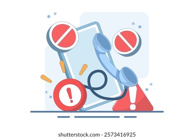 Phone concept with exclamation mark. warning notification. suspicious call, danger and fraud. danger of fraud by phone. symbol or icon. flat illustration with minimalist style design.