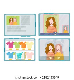 phone. Concepts of internet network communications. People chatting and chatting together on social networks. Woman holding a phone or tablet in her hand. Vector illustration.