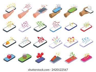 Phone confetti icons set isometric vector. Party cute call. Using win happy